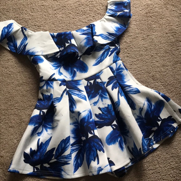 BLUE AND WHITE OFF SHOULDER ROMPER - Picture 3 of 4